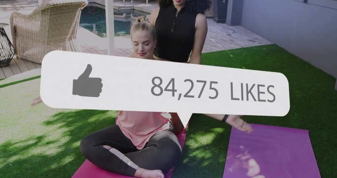 Sitting blonde woman in pink top, leggings meditating on pink yoga mat pool, 84,275 LIKES overlay
