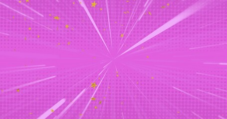 Fototapeta premium Radiating central magenta burst sending white streaks on backdrop with gold stars and halftone dots