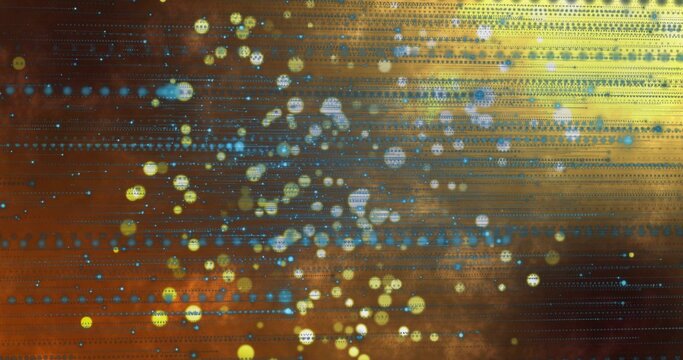 Glowing abstract pattern forming on warm digital backdrop, showing clustered orbs and dotted bands