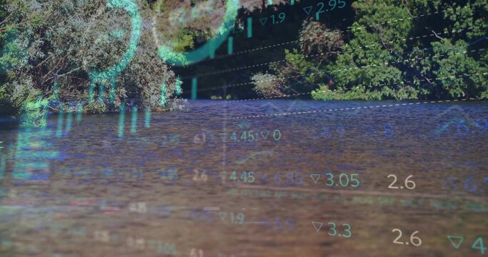 Showing water surface displaying translucent cyan HUD elements over river, with numerical readouts