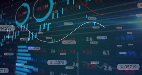 Obraz premium Showing dark trading panel with blue candles, white MA curve, red line, histogram, numeric badges