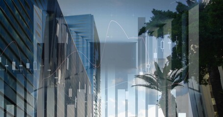 Fototapeta premium Framing glass steel towers blending with candlestick charts downtown, with palm tree canopy