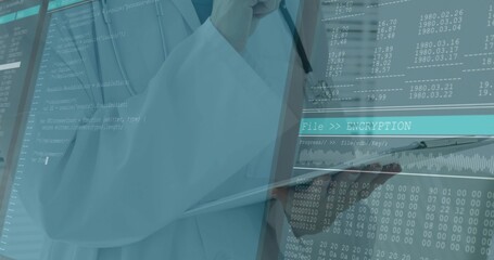 Holding tablet and pen, doctor wearing lab coat and stethoscope reviewing encryption UI at clinic