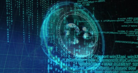 Gliding holographic crypto coin pulsing with data rings over grid plane, showing code streams