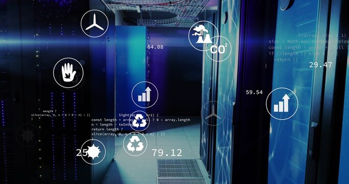 Glowing server racks casting cool blue light down central aisle, displaying LED telemetry overlays