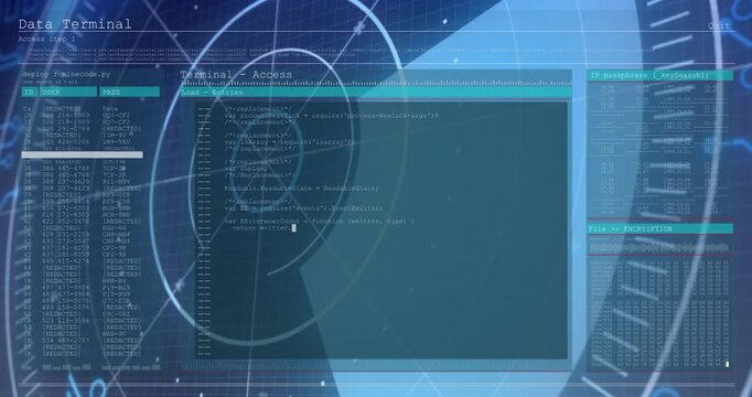 On access terminal activating, filling monospace code showing access while radar HUD rotating