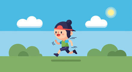 Fototapeta premium Cute Cartoon Girl Running Outdoors Under Bright Sun