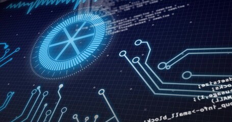 Rotating HUD dial occupying left on dark grid plane, showing neon-blue traces, connector nodes