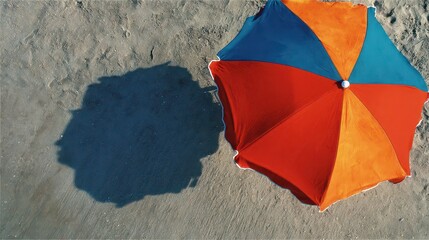 Aerial View of Colorful Umbrella with Blue Orange and Red Panels on Pebble Beach Casting Distinct Shadow Under Bright Sunlight