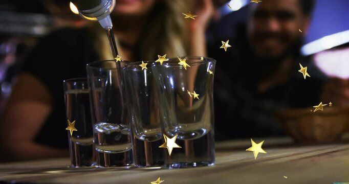 Bottle entering pouring into shots at bar, patrons toasting, animated stars drifting across glasses