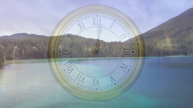 Antique clock staying center as moon rising drifting hues shifting faint shape fading showing time