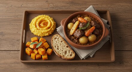 Hearty Beef Stew with Mashed Potatoes and Roasted Butternut Squash