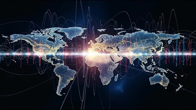 Abstract digital world map displaying global connections and data