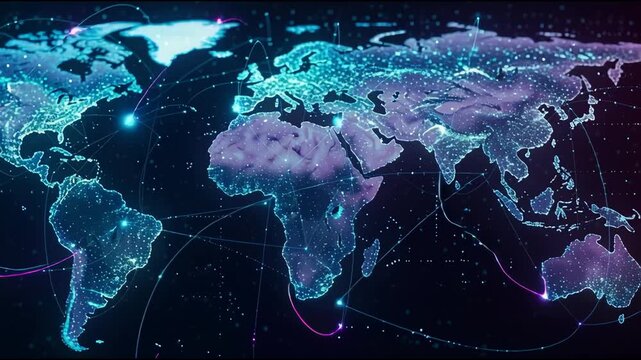 Abstract digital world map with illuminated connections and data flow