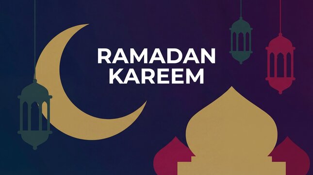 Ramadan Kareem Greeting with Crescent Moon and Mosque Silhouette.