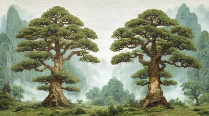 Botanical Woodblock Print of Two Mature Trees in a Forest Landscape with Dense Green Foliage and Textured Bark