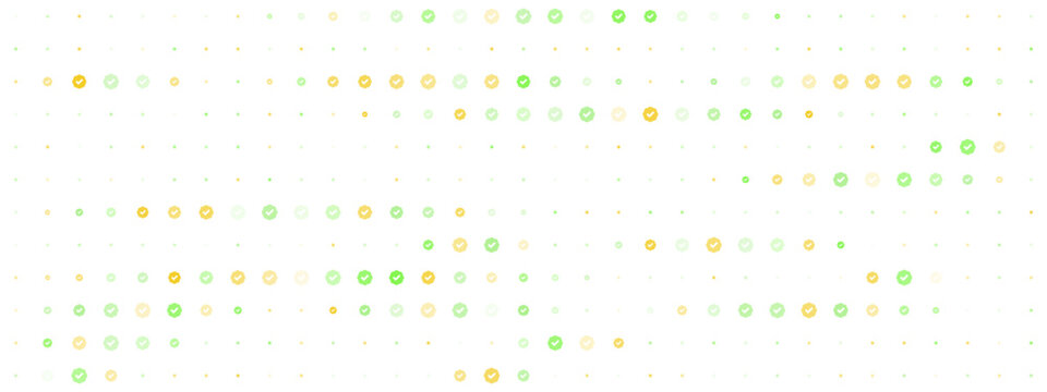 Abstract background pattern of green and yellow check mark icons on a white background representing success and verification