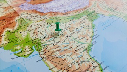 Naklejka premium view of India, officially the Republic of India, is a country in South Asia on a geographical map of ASIA, marked with green push pin