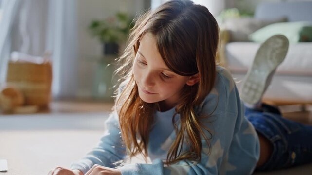 Teen pupil learning schoolwork apartment floor closeup. Preteen girl reading