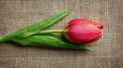 Close Up of Vibrant Red Tulip with Green Stem and Leaves Covered in Glistening Dew Drops on Textured Beige Fabric