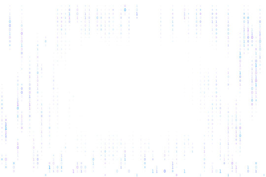 Abstract binary code background with blue and purple digits on white. Digital technology concept with falling numbers and copy space for text.
