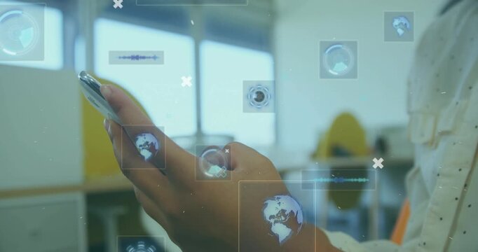 Notification appearing, hands holding smartphone tapping, swiping, accessing AR HUD in office