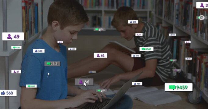 Two boys studying on laptop tablet in library causing chat bubbles likes badges growing then fading