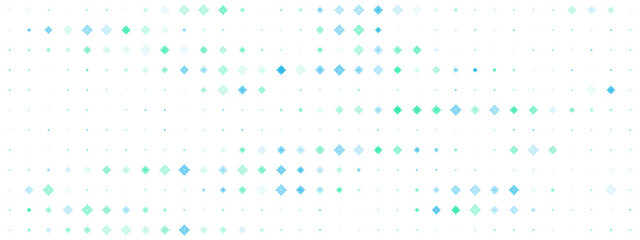 Abstract geometric background with blue and green diamond shapes on white, digital data visualization pattern for web banner and technology design.