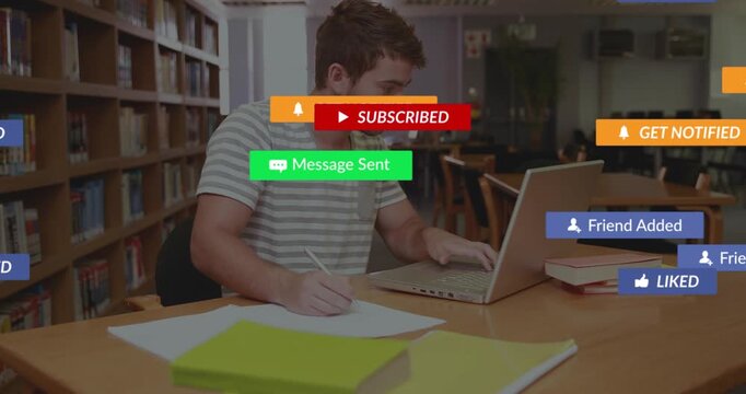 Student writing, typing on laptop in education, causing badges to flood and clear, checking alerts