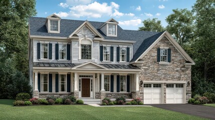 Detailed View of Gray Stone House with Black Shutters and Dormers Surrounded by Lush Green Trees on a Bright Sunny Day