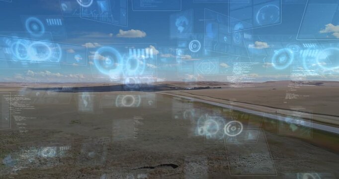 On second frame faint HUD elements emerging over plains and road, sliding and visualizing road data