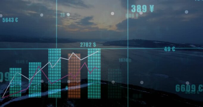 Cyan grid appearing, starting chart rising over dusk bay, bars filling white trend revealing gains