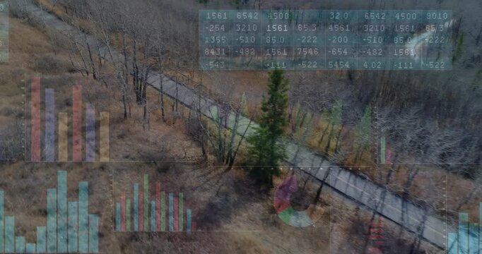 Aerial panning diagonal trail, charts tracking path, two walkers passing pine, showing eco data