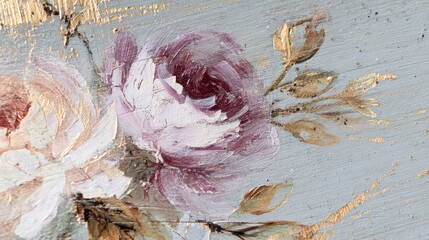 Floral Acrylic Painting of Pale Peach Rose Blossoms with Gold Accents on a Gray Textured Background Close Up