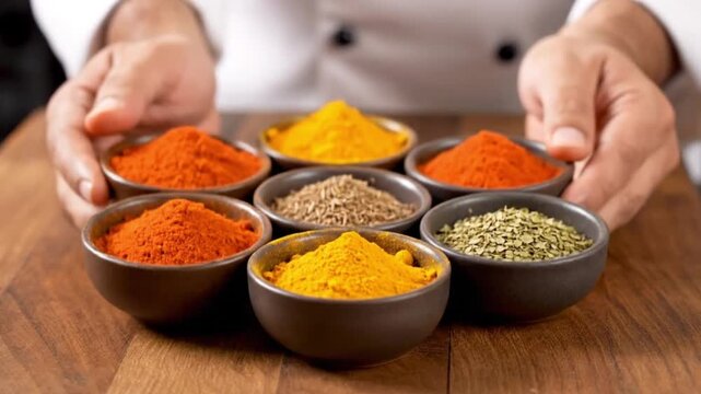 A collection of colorful spices in small bowls, arranged for a cooking demonstration