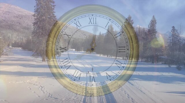 Two boys stepping into ski tracks, skiing toward treeline meadow clock overlay hovering education