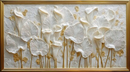 Floral Relief Sculpture in Gold Frame Featuring White Petal Patterns Against Textured Background with Glimmering Gold Highlights for Decorative Artwork