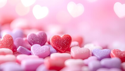 Fototapeta premium Small heart shaped sugar candies in pastel pink lilac and red glossy sugar texture arranged in the down left corner soft pastel background with subtle bokeh hearts warm lights and valentine´s day atmo