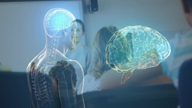 Teacher looking at student raising hand, hologram rotating, aligning brain with spine for learning