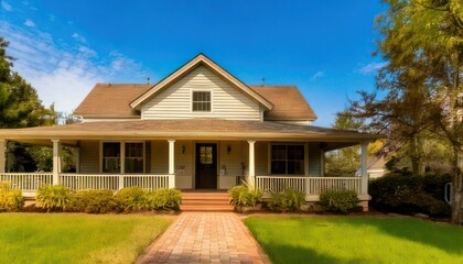 Fototapeta premium Charming Farmhouse with Inviting Porch and Lush Green Lawn.