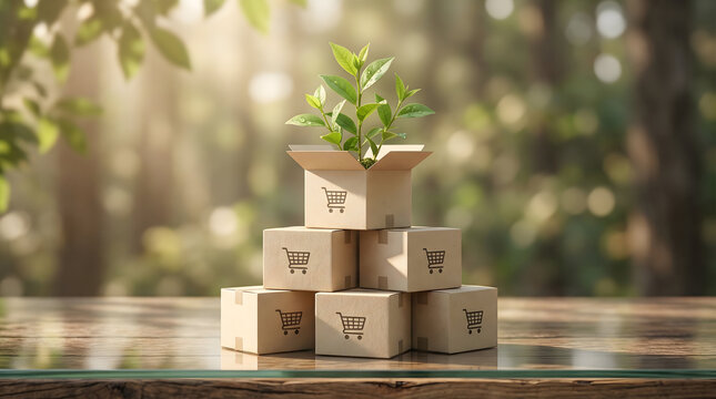 Sustainable E-Commerce Concept with Plant in Shipping Boxes
