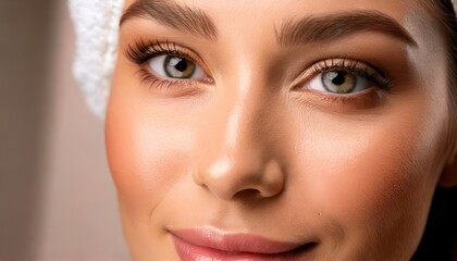 Fototapeta premium Close-up of a beautiful woman with radiant skin and green eyes.