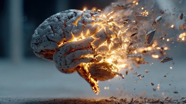 Exploding brain with glowing internal energy and fragments flying outwards