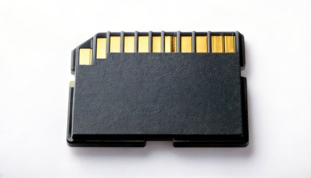 Close-up of a Black SD Card with Gold Contacts on White Background.