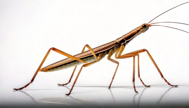 Close-up of a brown and tan stick insect on a white surface.