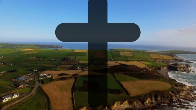 Drone starting forward flight carrying centered dark cross fields sliding beneath revealing cliffs