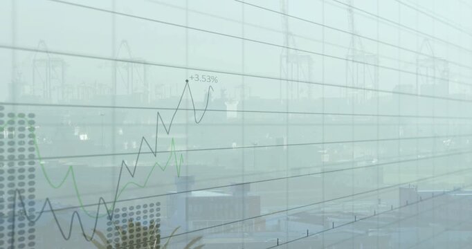 Data overlay sliding in, drawing lines and bars growing, visualizing port cargo flows