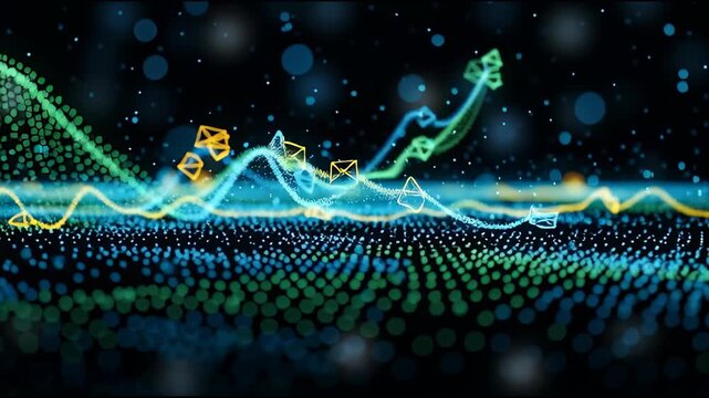 Abstract data visualization with flowing lines and digital particles