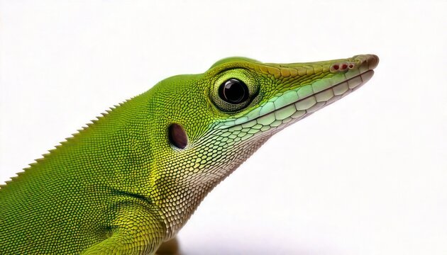 Close-up of a Green Anole Lizard Head on White Background.