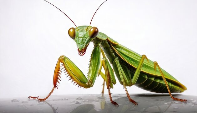Close-up of a Green Praying Mantis on a Gray Surface.